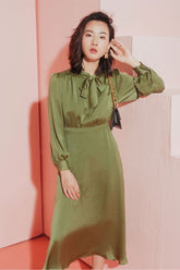 Silk A-Line Dress with Bow Tie Neck and Long Sleeves